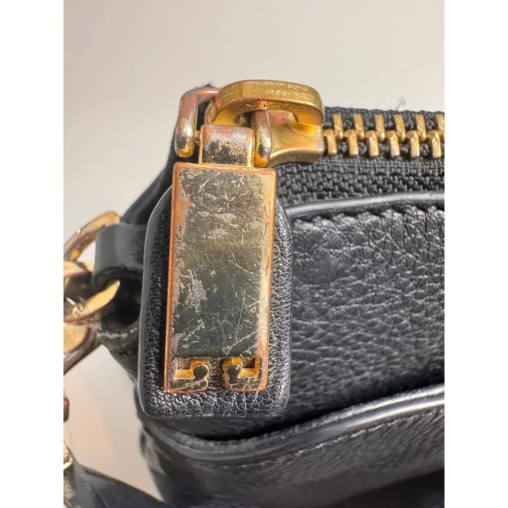 Tory Burch Meyer pebbled black leather crossbody bag gold tone hardware zip top